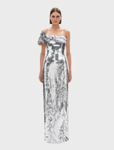 Elegant silver Tamzin gown with a flowing silhouette, perfect for formal occasions and evening events.
