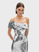 Stunning silver Tamzin gown with a sophisticated cut, designed for elegance at formal occasions and evening wear.