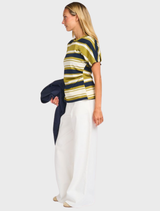 Tarragon Navy Stripe T-shirt by UrbanMD with red and pink stripes, short sleeves, round neckline, and accentuated waist.