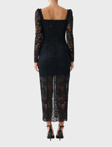 Taurus Rising dress with long sleeves, corset waist, and lace detailing, showcasing an elegant hourglass silhouette.