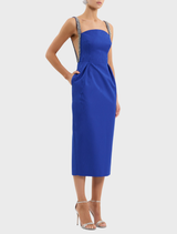 Teles midi dress in vibrant ultramarine blue, showcasing beautiful embellishments and a chic, flowing design.