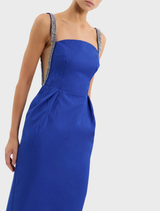 Teles embellished midi dress in ultramarine blue, designed with intricate details for a fashionable and elegant appearance.