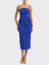 Elegant Teles midi dress in ultramarine blue, adorned with embellishments for a stylish and sophisticated look.