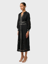 Stylish black maxi dress made from Tencel, featuring detailed embroidery for an elegant appearance.
