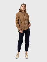 Stylish mocha Tetris jacket with a colorful block design, ideal for adding a playful touch to any outfit.