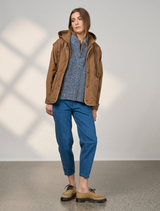 Mocha Tetris jacket featuring a geometric block pattern, showcasing a stylish and modern design for casual wear.