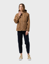 Stylish mocha Tetris jacket with a unique block pattern, perfect for adding a trendy touch to any outfit.