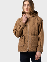 Mocha Tetris jacket featuring a geometric block pattern, perfect for casual wear and showcasing a unique style.
