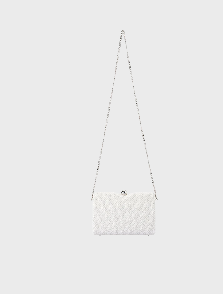 White Birdie Textural Handle Bag with a chain strap, showcasing a sleek and elegant design suitable for various occasions.
