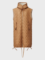 A brown jacket laid flat, highlighting its smooth material and tailored fit.
