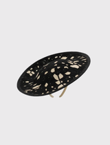 Elegant black fascinator with floral lace cut-outs, mounted on a headband, perfect for formal events and race days.