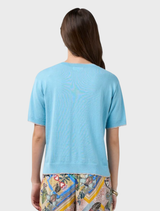 Elegant Tiffany Blue cardigan in a cotton-cashmere blend, enhanced with lurex tipping for a subtle metallic shimmer.