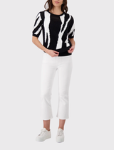 Black cotton sweater featuring a tiger intarsia pattern, ajour knit structure, round neckline, and short sleeves in regular fit.