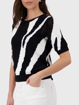 Cotton black sweater showcasing a tiger intarsia pattern, designed with ajour knit, short sleeves, and a round neckline.