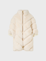 Faux fur slouch jacket with short sleeves, highlighted by a fashionable tiled design, perfect for a casual outfit.