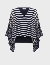 Navy and white striped top with a V-neckline and long sleeves, style number 262188.