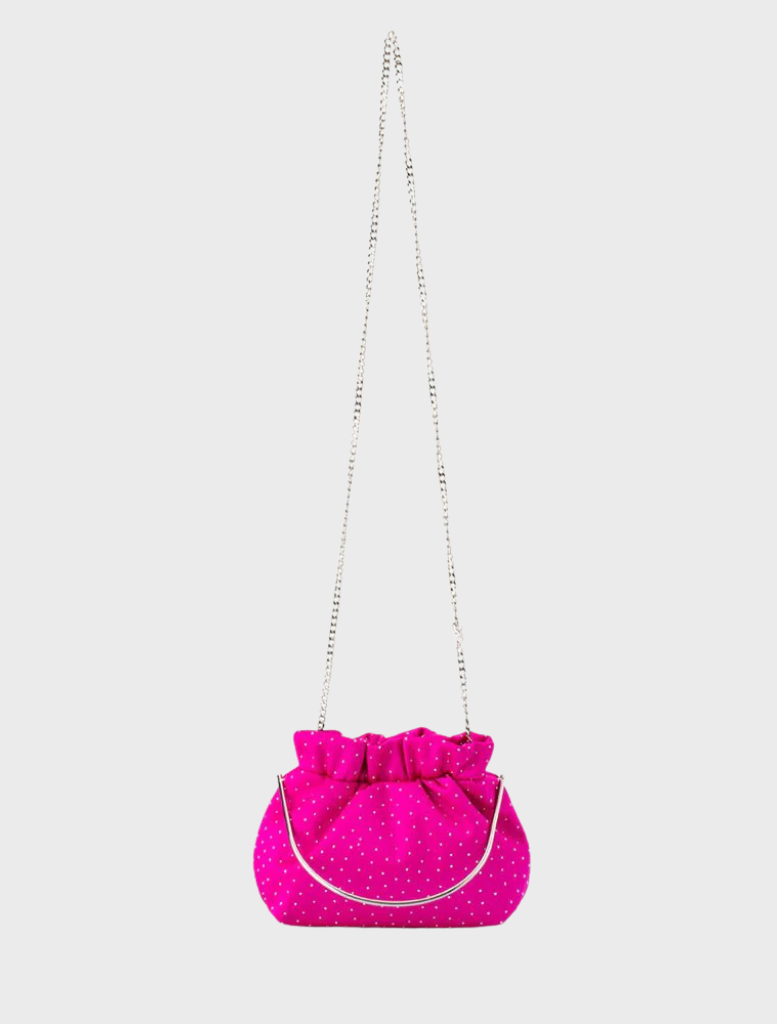 A fuchsia clutch bag with a chain strap, featuring a sleek design and a top handle for easy carrying.