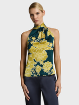 Stylish Calista Top in Topaz-Ink, designed with a vibrant blue and black pattern for a contemporary appearance.