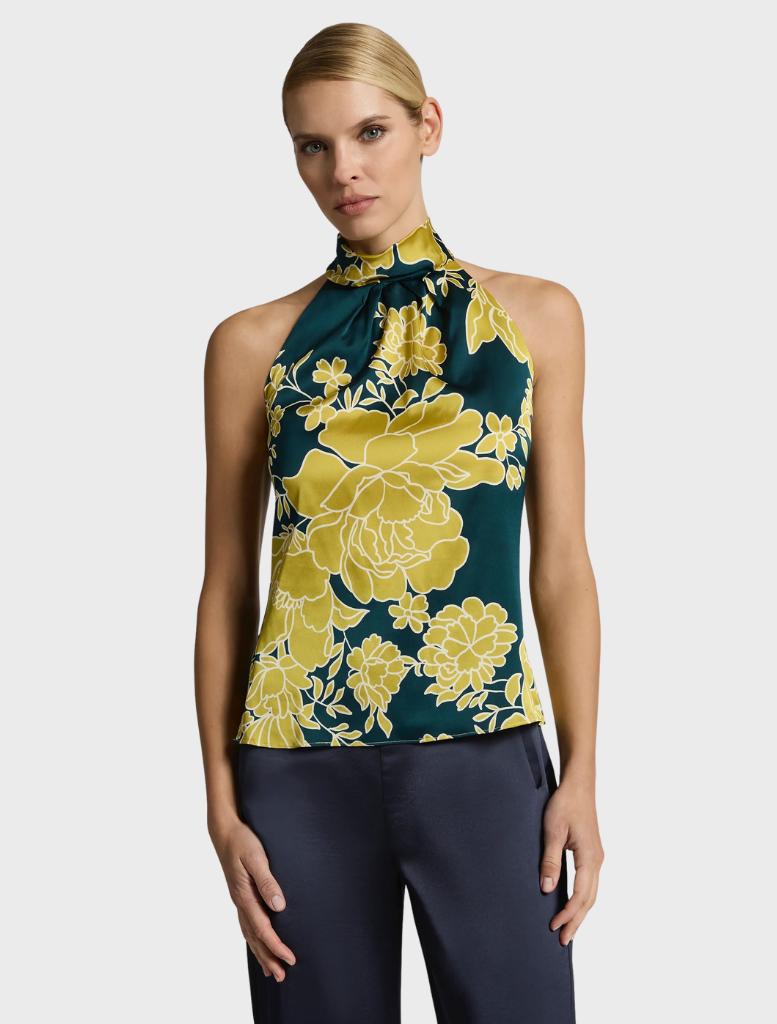 Stylish Calista Top in Topaz-Ink, designed with a vibrant blue and black pattern for a contemporary appearance.