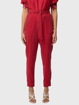 Modern dahlia red jogger pants made of stretch cupro-viscose, designed with elastic cuffs, hip pockets, and a detachable belt.