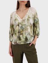 2. Stylish olive blouse with a tropical print, round neckline, and ¾ sleeves, crafted from 100% viscose for summer comfort.