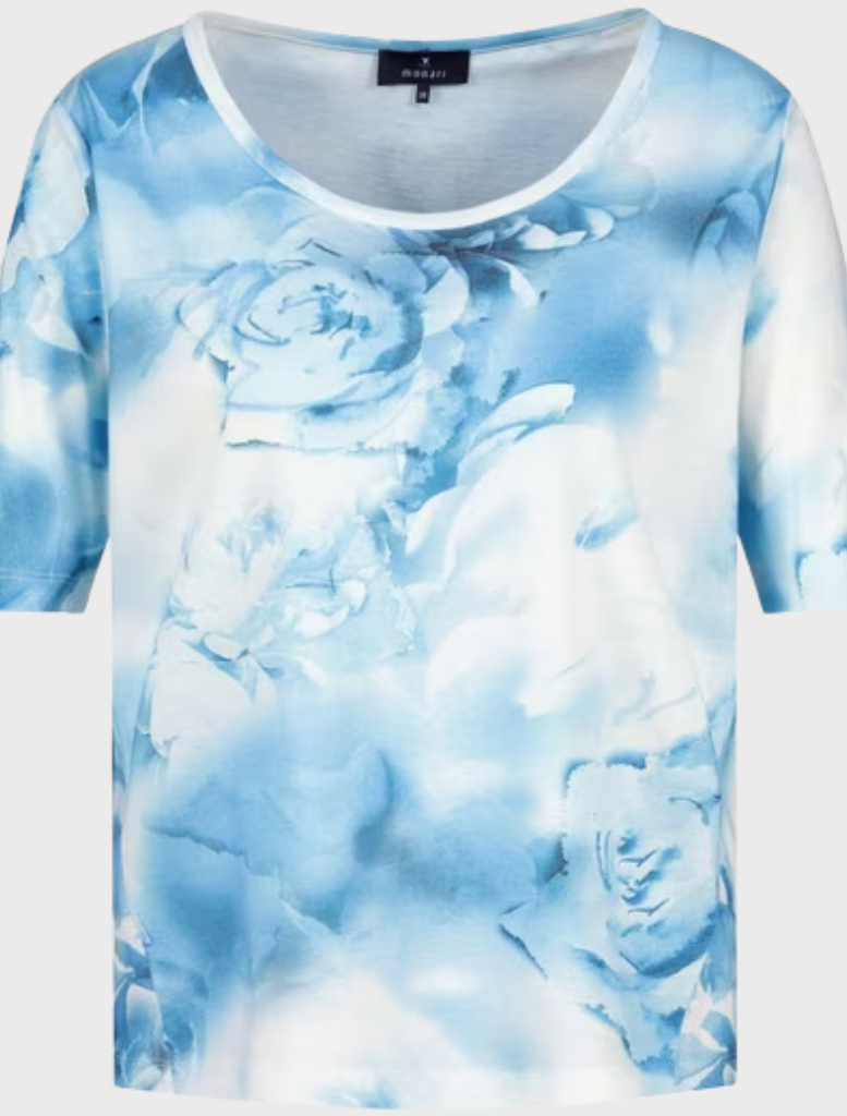 The image features a blue and white tie-dye shirt, highlighting its bold and artistic design.