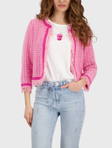 Tweed shift jacket with a cropped cut, 3/4 sleeves, and fringed hem, perfect for a casual spring outfit.