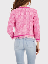 Spring flower tweed jacket with a soft texture, 3/4 sleeves, and a hook and eye closure, ideal for layering.