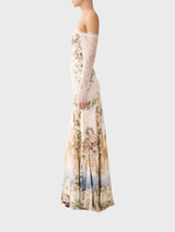 Lace splice one-shoulder dress adorned with a colorful floral pattern on the front and back.