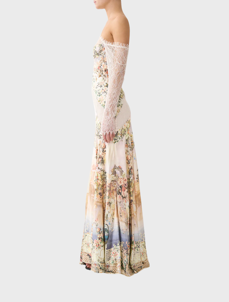 Lace splice one-shoulder dress adorned with a colorful floral pattern on the front and back.