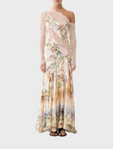 Elegant white dress with floral patterns, designed as a one-shoulder style, called Lace Splice One Shoulder Dress by Twilista.