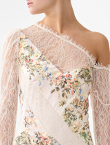 White floral print dress with a one-shoulder design, named Lace Splice One Shoulder Dress by Twilista.