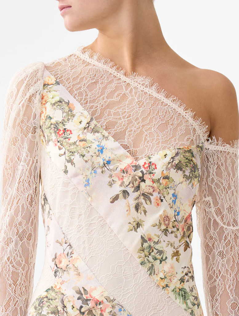 White floral print dress with a one-shoulder design, named Lace Splice One Shoulder Dress by Twilista.