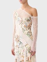 Floral print one-shoulder dress with lace detailing, showcasing a vibrant design on both sides.

