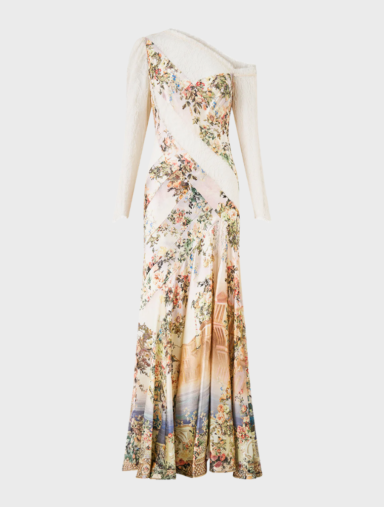 One-shoulder lace splice dress featuring a vibrant floral print on both the front and back.