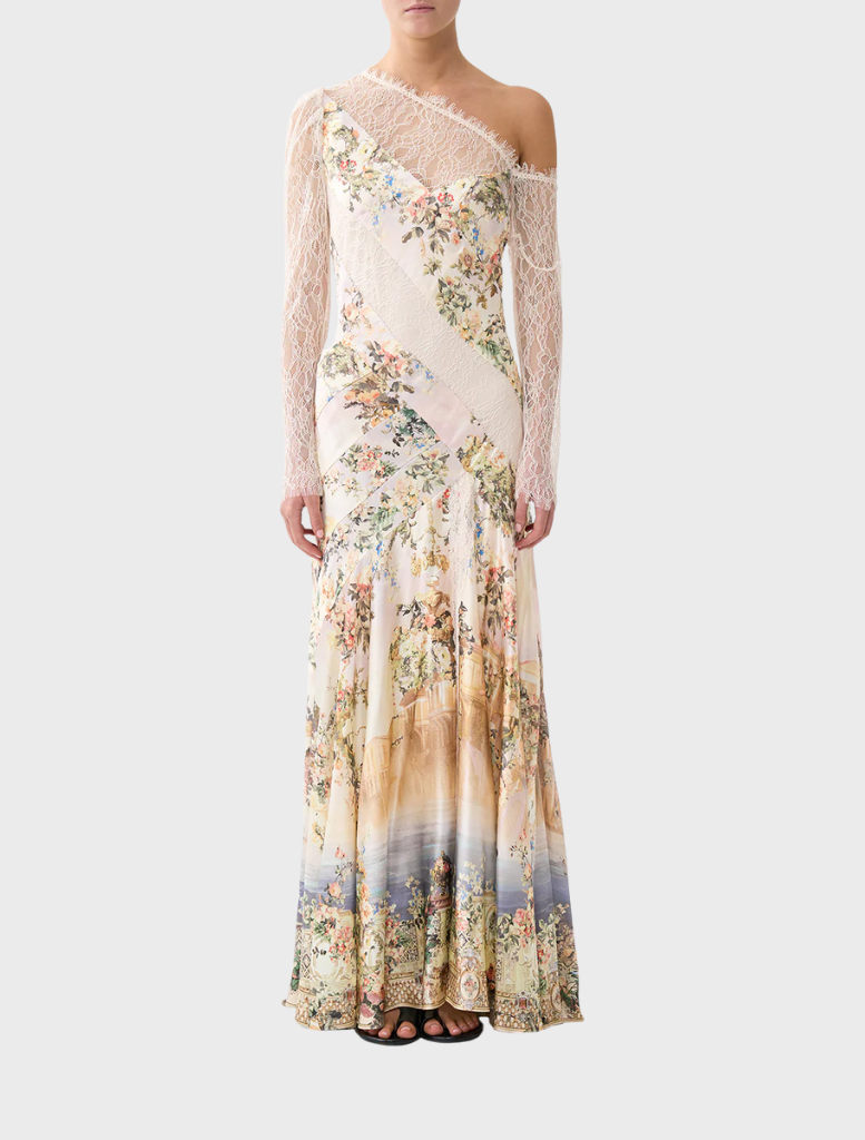 Long floral print dress with a one-shoulder design, named Lace Splice One Shoulder Dress by Twilista.