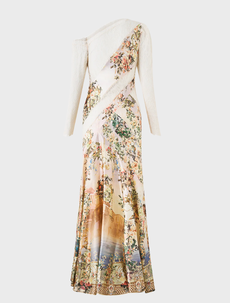 One-shoulder white dress with floral design, known as Lace Splice One Shoulder Dress from Twilista.