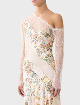Elegant one-shoulder dress with a floral print, featuring lace splice details on the front and back.