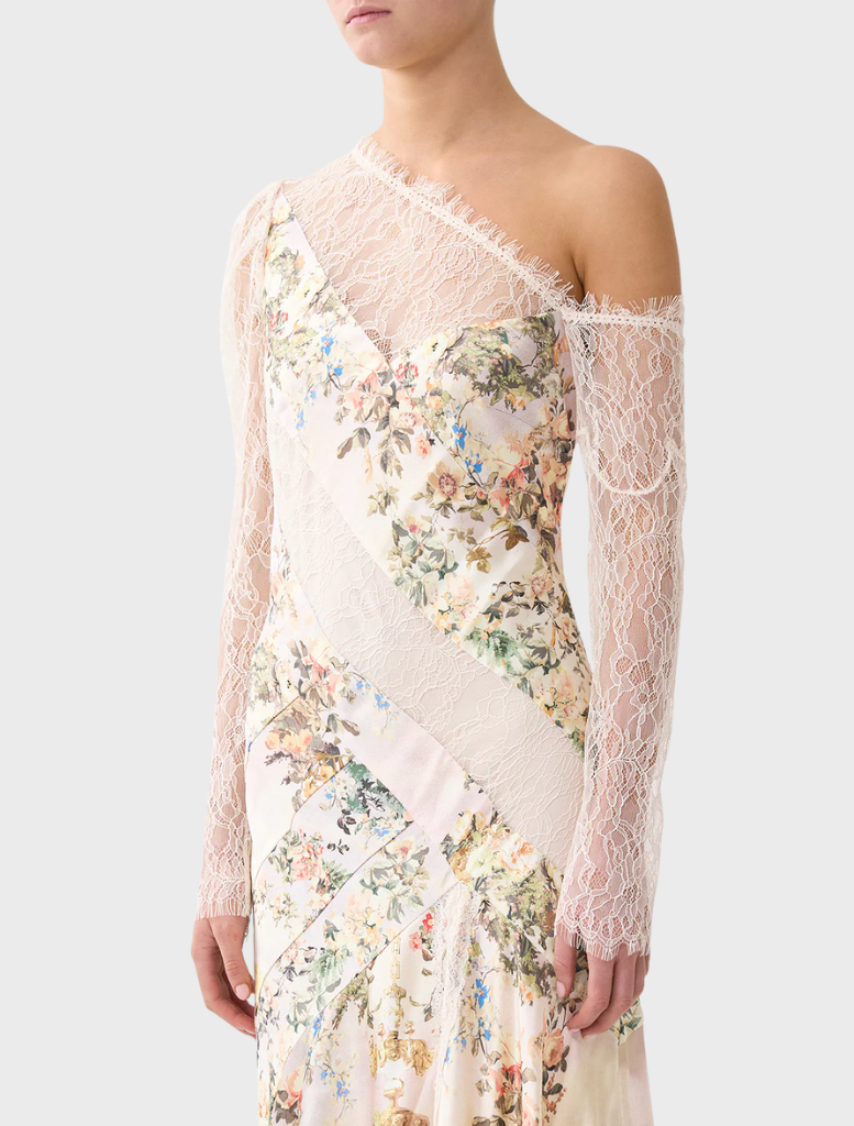 Elegant one-shoulder dress with a floral print, featuring lace splice details on the front and back.