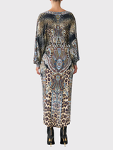 Elegant twist front dress adorned with a unique Istanbul Animalia pattern, perfect for a chic and fashionable look.