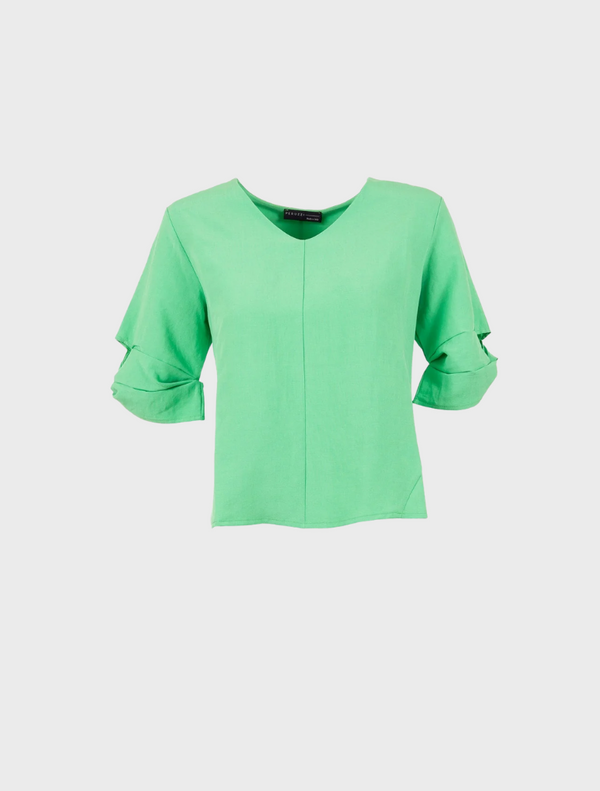  A green top featuring short sleeves and a stylish design, suitable for casual wear.