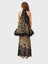 A chic black and gold dress highlighted by a floral print, suitable for various occasions.