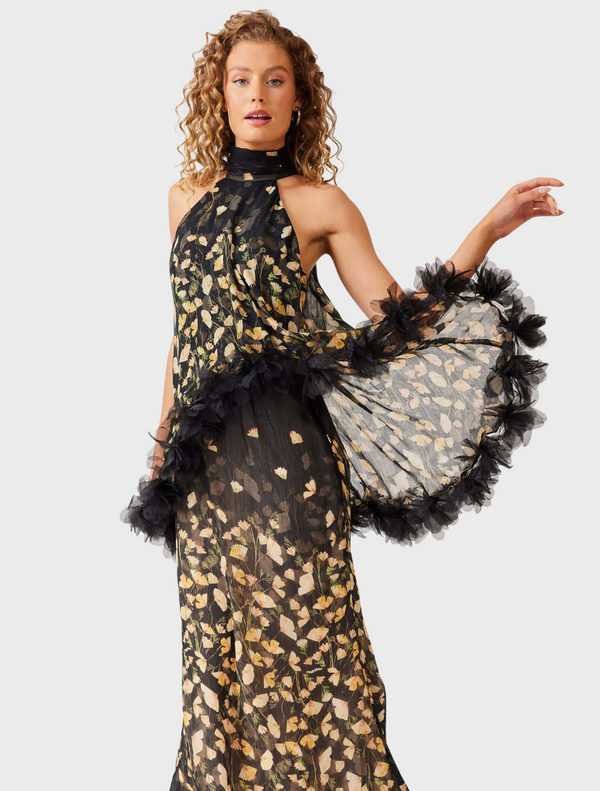 Elegant black and gold dress featuring a delicate floral print, perfect for formal occasions.