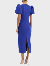 Evolet puff sleeve midi dress in vibrant ultramarine blue, designed with a fitted waist and flowing skirt for sophistication.