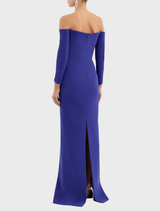 Off-the-shoulder gown in vibrant ultramarine blue, designed with a flowing silhouette for an elegant look.
