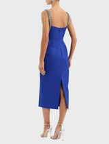 Stunning ultramarine blue Teles midi dress with embellishments, perfect for formal occasions or stylish outings.