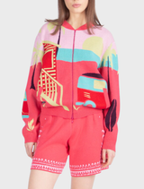 IVKO Woman's pink bomber jacket in a vibrant jacquard design, combining geometric shapes and cheerful colors for a summer vibe.