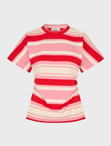 UrbanMD Stripe T-shirt featuring hibiscus peach stripes, short sleeves, round neckline, and a ruched waist for a fitted silhouette.