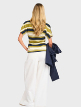 UrbanMD Stripe T-shirt in navy with red and pink stripes, designed with short sleeves, round neckline, and ruched waist.