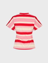 UrbanMD Stripe T-shirt in hibiscus peach, showcasing red and pink stripes, short sleeves, round neckline, and ruched waist.